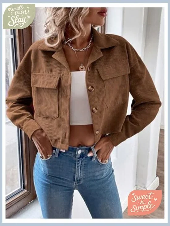 Corduroy Cropped Shacket Jacket Lightweight Long Sleeve Button Down - Picture 4 of 7